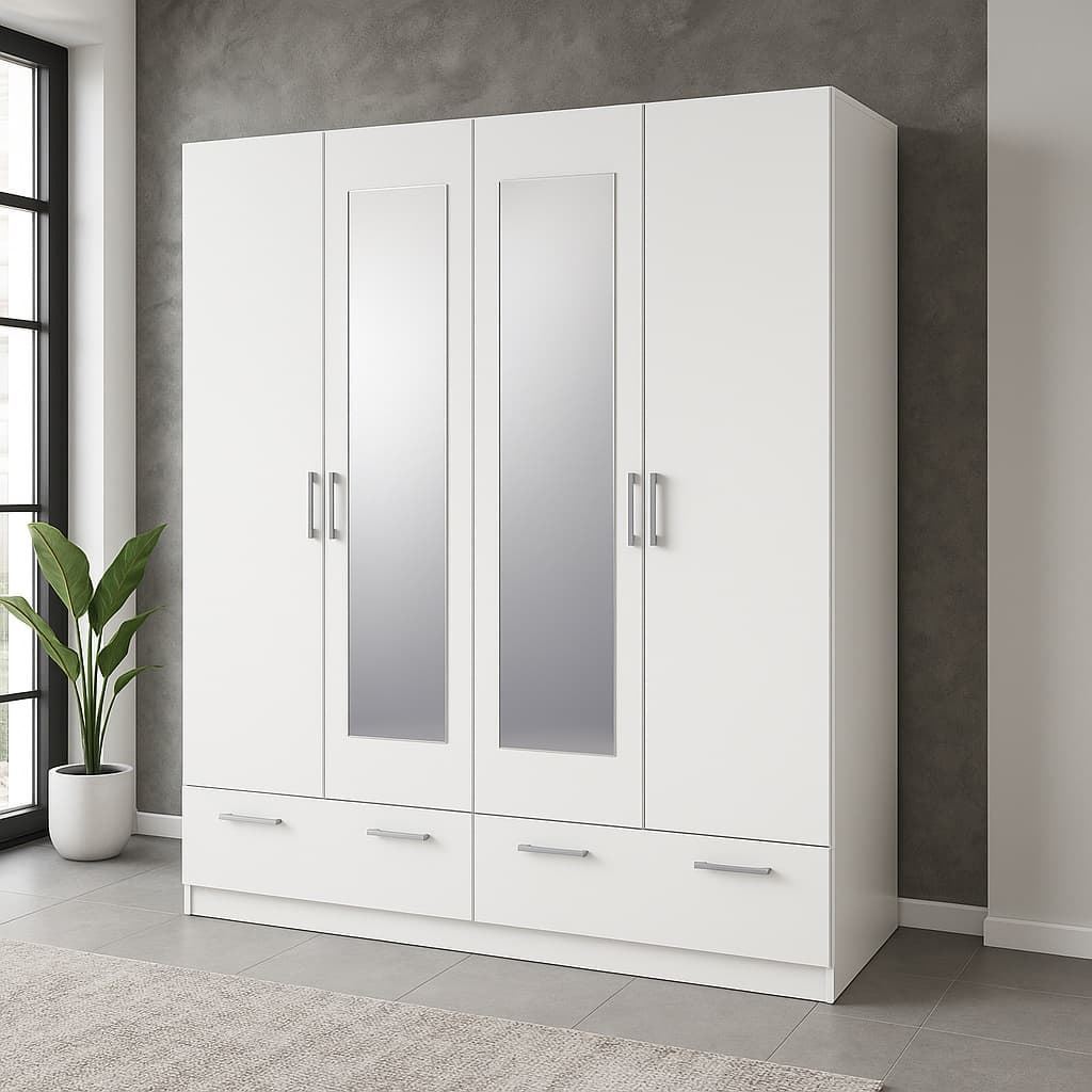 Armario Delta – 4 Puertas con Espejos 200x202 cm en Blanco o Cambrian/Blanco - Imagen 1